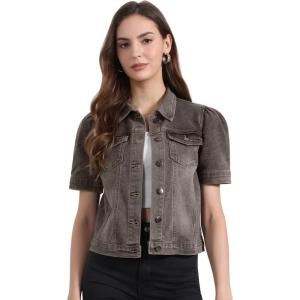 imageAllegra K Casual Jean Jacket for Womens Short Puff Sleeves ButtonDown Denim JacketGrey