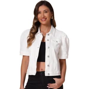 imageAllegra K Casual Jean Jacket for Womens Short Puff Sleeves ButtonDown Denim JacketWhite
