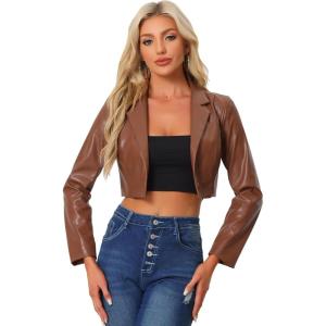 imageAllegra K Cropped Leather Jacket for Womens Concert PU Motorcycle JacketBrown