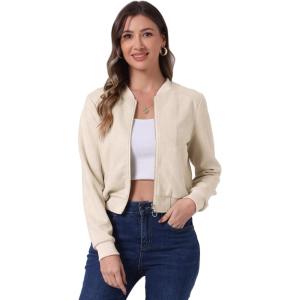 imageAllegra K Faux Suede Cropped Coat for Womens Stand Collar Zip Up Biker Moto Bomber JacketsBeige