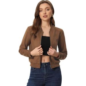 imageAllegra K Faux Suede Cropped Coat for Womens Stand Collar Zip Up Biker Moto Bomber JacketsBrown