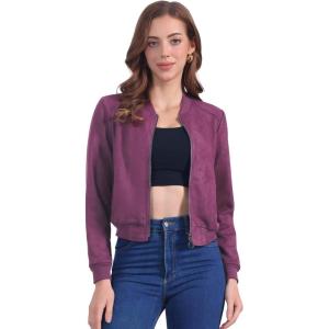 imageAllegra K Faux Suede Cropped Coat for Womens Stand Collar Zip Up Biker Moto Bomber JacketsDark Purple