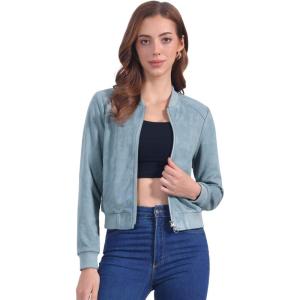 imageAllegra K Faux Suede Cropped Coat for Womens Stand Collar Zip Up Biker Moto Bomber JacketsGrey Blue