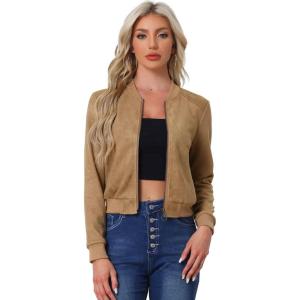 imageAllegra K Faux Suede Cropped Coat for Womens Stand Collar Zip Up Biker Moto Bomber JacketsKhaki