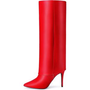 imageAllegra K Knee High Boots Women Pointed Toe Stiletto Heel Shark Boots Fold Over Boots for WomenRed