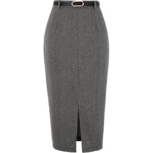 imageAllegra K Midi Pencil Skirt for Women Vintage Fall High Waisted Slit Office Work Skirts with BeltBlack