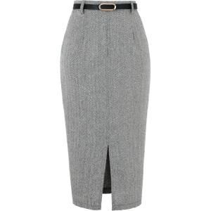 imageAllegra K Midi Pencil Skirt for Women Vintage Fall High Waisted Slit Office Work Skirts with BeltBlack White
