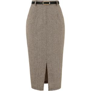 imageAllegra K Midi Pencil Skirt for Women Vintage Fall High Waisted Slit Office Work Skirts with BeltBrown