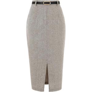 imageAllegra K Midi Pencil Skirt for Women Vintage Fall High Waisted Slit Office Work Skirts with BeltCoffee