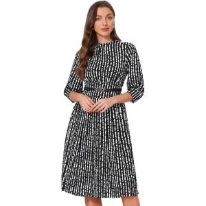 imageAllegra K Pleated Dress for Womens Puff Half Sleeve Crew Neck Casual ALine DressesBlack