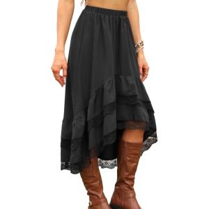 imageAllegra K Western Skirt for Women Lace Ruffled Hem Asymmetrical High Waist Boho Flowy Maxi SkirtBlack