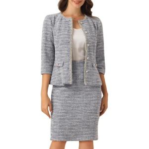 imageAllegra K Womens 2 Piece Skirt Sets 34 Sleeve Collarless Tweed Jacket Pencil Skirt Set Elegant Business Casual OutfitGray Blue