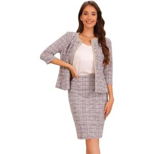 imageAllegra K Womens 2 Piece Skirt Sets 34 Sleeve Collarless Tweed Jacket Pencil Skirt Set Elegant Business Casual OutfitPink
