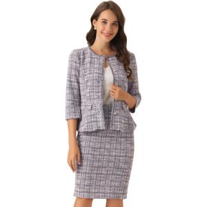 imageAllegra K Womens 2 Piece Skirt Sets 34 Sleeve Collarless Tweed Jacket Pencil Skirt Set Elegant Business Casual OutfitPurple