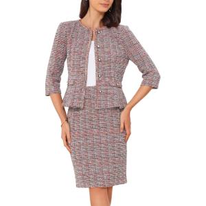 imageAllegra K Womens 2 Piece Skirt Sets 34 Sleeve Collarless Tweed Jacket Pencil Skirt Set Elegant Business Casual OutfitRed