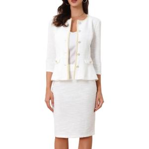 imageAllegra K Womens 2 Piece Skirt Sets 34 Sleeve Collarless Tweed Jacket Pencil Skirt Set Elegant Business Casual OutfitWhite
