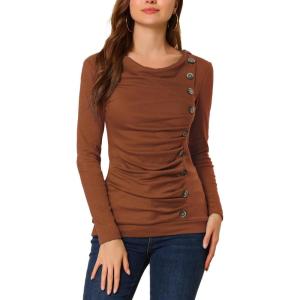 imageAllegra K Womens Cowl Neck Tops Long Sleeve Buttons Decor Tuinc Shirts Ruched TopBrown