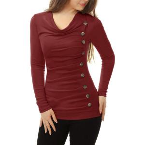 imageAllegra K Womens Cowl Neck Tops Long Sleeve Buttons Decor Tuinc Shirts Ruched TopBurgundy