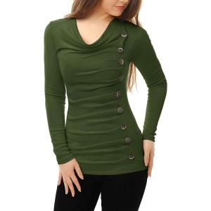 imageAllegra K Womens Cowl Neck Tops Long Sleeve Buttons Decor Tuinc Shirts Ruched TopGreen