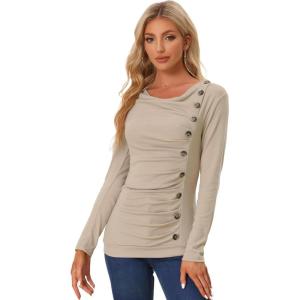 imageAllegra K Womens Cowl Neck Tops Long Sleeve Buttons Decor Tuinc Shirts Ruched TopKhaki