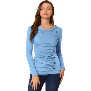 imageAllegra K Womens Cowl Neck Tops Long Sleeve Buttons Decor Tuinc Shirts Ruched TopLight Blue