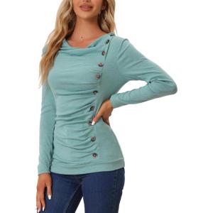 imageAllegra K Womens Cowl Neck Tops Long Sleeve Buttons Decor Tuinc Shirts Ruched TopMint Green