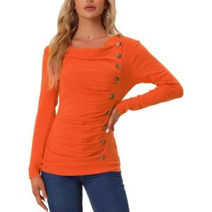 imageAllegra K Womens Cowl Neck Tops Long Sleeve Buttons Decor Tuinc Shirts Ruched TopOrange