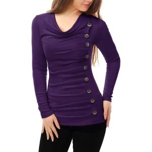 imageAllegra K Womens Cowl Neck Tops Long Sleeve Buttons Decor Tuinc Shirts Ruched TopPurple