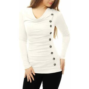 imageAllegra K Womens Cowl Neck Tops Long Sleeve Buttons Decor Tuinc Shirts Ruched TopWhite