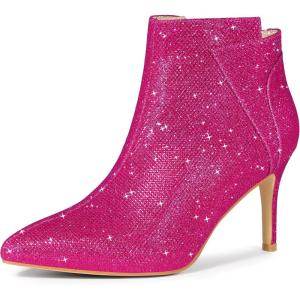 imageAllegra K Womens Glitter Pointed Toe Zipper Stiletto Heel Ankle BootsHot Pink