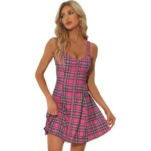 imageAllegra K Womens Plaid Tube Dress Zip Up Strap Sleeveless Party Mini ALine DressHot Pink