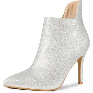 imageAllegra K Womens Sparkly Pointed Toe Stiletto Heel Ankle BootsSilver