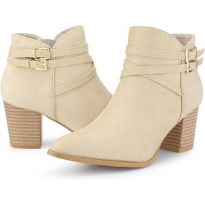 imageAllegra K Womens Strappy Pointed Toe Buckle Chunky Heel Ankle BootiesBeige