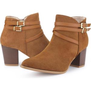 imageAllegra K Womens Strappy Pointed Toe Buckle Chunky Heel Ankle BootiesBrown