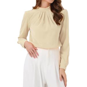 imageAllegra K Work Tops for Women Stand Collar Long Sleeve Ruched 2026 Trendy Blouse Business Casual Office ShirtApricot