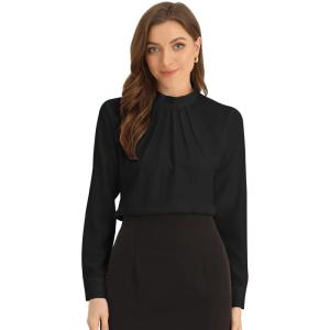 imageAllegra K Work Tops for Women Stand Collar Long Sleeve Ruched 2026 Trendy Blouse Business Casual Office ShirtBlack