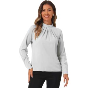 imageAllegra K Work Tops for Women Stand Collar Long Sleeve Ruched 2026 Trendy Blouse Business Casual Office ShirtGray