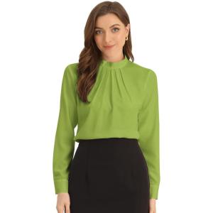 imageAllegra K Work Tops for Women Stand Collar Long Sleeve Ruched 2026 Trendy Blouse Business Casual Office ShirtGreen