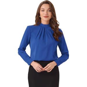 imageAllegra K Work Tops for Women Stand Collar Long Sleeve Ruched 2026 Trendy Blouse Business Casual Office ShirtRoyal Blue