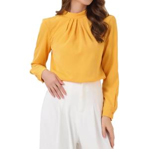 imageAllegra K Work Tops for Women Stand Collar Long Sleeve Ruched 2026 Trendy Blouse Business Casual Office ShirtYellow