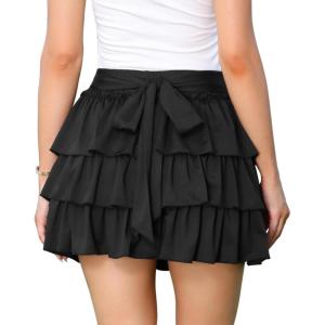 imageAllegra K Bow Back Mini Skirts for Women Elastic Low Waist Cute Cake Skirt Layer Ruffle Skirt with ShortsBlack