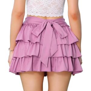 imageAllegra K Bow Back Mini Skirts for Women Elastic Low Waist Cute Cake Skirt Layer Ruffle Skirt with ShortsPink Purple
