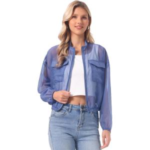 imageAllegra K Sheer Bomber Jacket for Womens Zip Up Long Sleeve See Through JacketsGrey Blue
