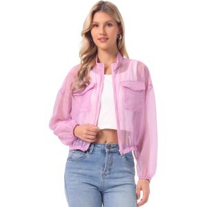 imageAllegra K Sheer Bomber Jacket for Womens Zip Up Long Sleeve See Through JacketsLight Purple
