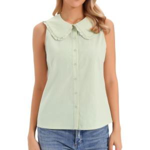 imageAllegra K Sleeveless Button Down Shirt for Women Peter Pan Collar Casual Tank Tops for Work Classic BlousesGreen
