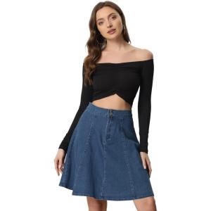 imageAllegra K Womens Denim Skirt High Waist Stretch Knee Length Flared Casual Jean SkirtsDark Blue