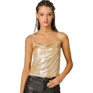 imageAllegra K Womens Halloween Metallic Glitter Spaghetti Strap Camisole Cowl Neck Sparkly Club TopGold