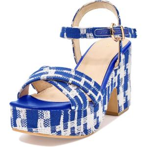 imageAllegra K Womens Platform Heels Plaid Print Chunky Heel SandalsBlue
