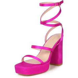 imageAllegra K Womens Platform Heels Square Toe Chunky High Heel Satin SandalsFuchsia Pink
