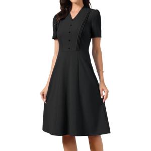 imageAllegra K Work Dresses for Women Midi Length Short Sleeve V Neck Button Decro ALine Business Casual DressBlack